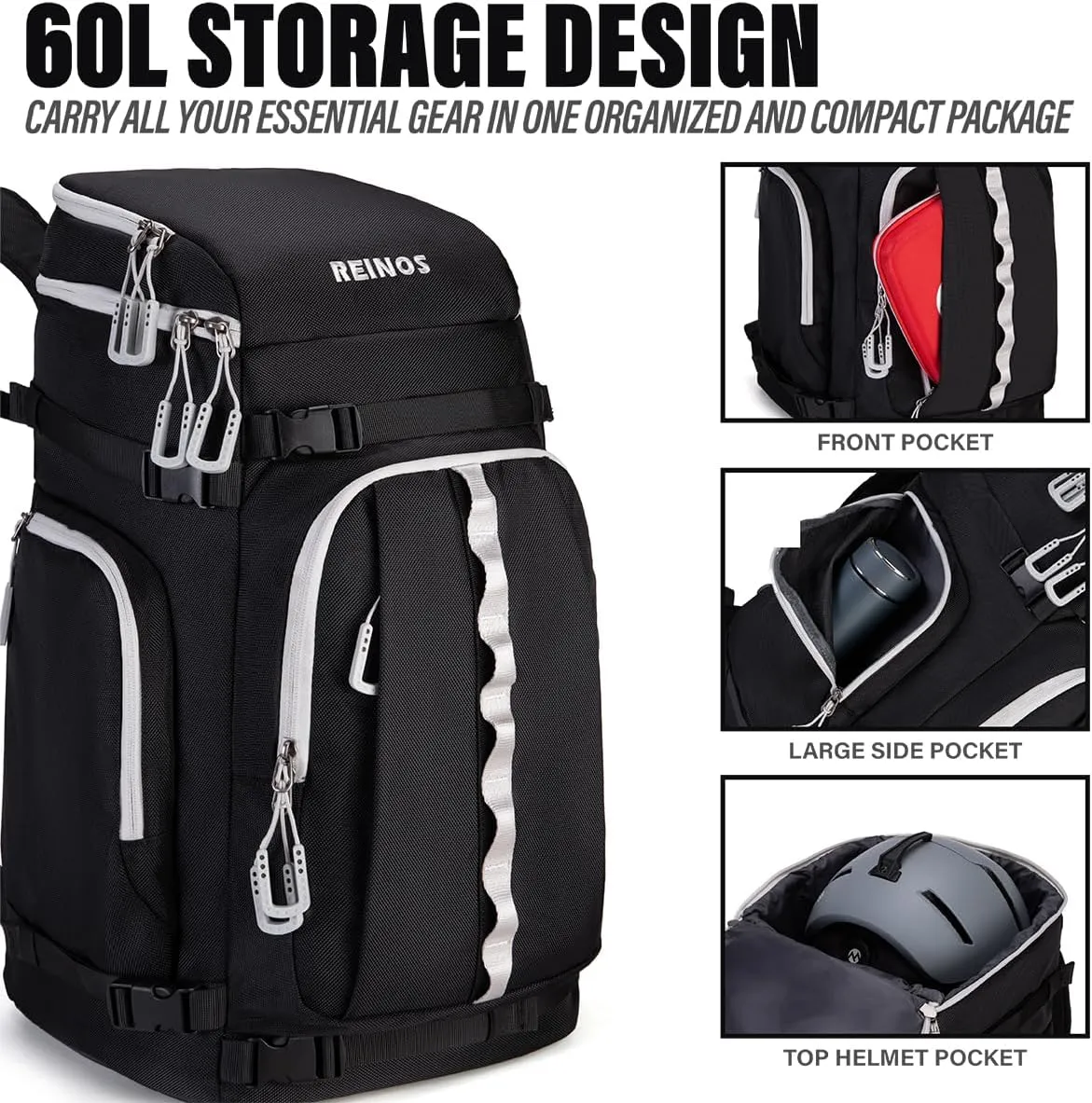 Travel Ski Boot Bag Backpack - Durable Boot Bags for Skiing Accessories, 60L Water-Resistant Padded Snow Skate Bag - Ski Gear Bag for Snowboard Boots, Helmet, Goggles