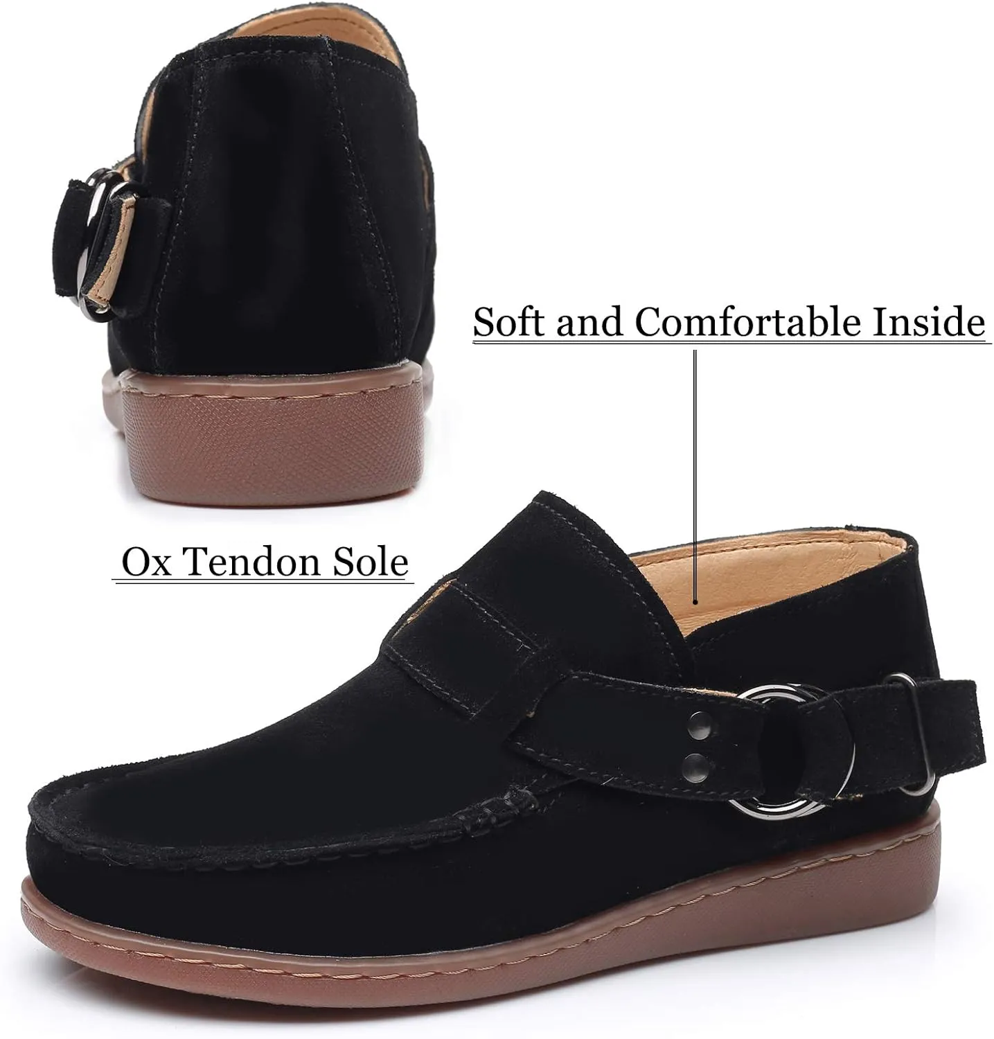Trsorini Women Walking Shoes Half-Boots Fashion Comfort Suede Slip on Sneaker Casual Shoes for Lady Buckle Strap Adjustable Flat Shoes