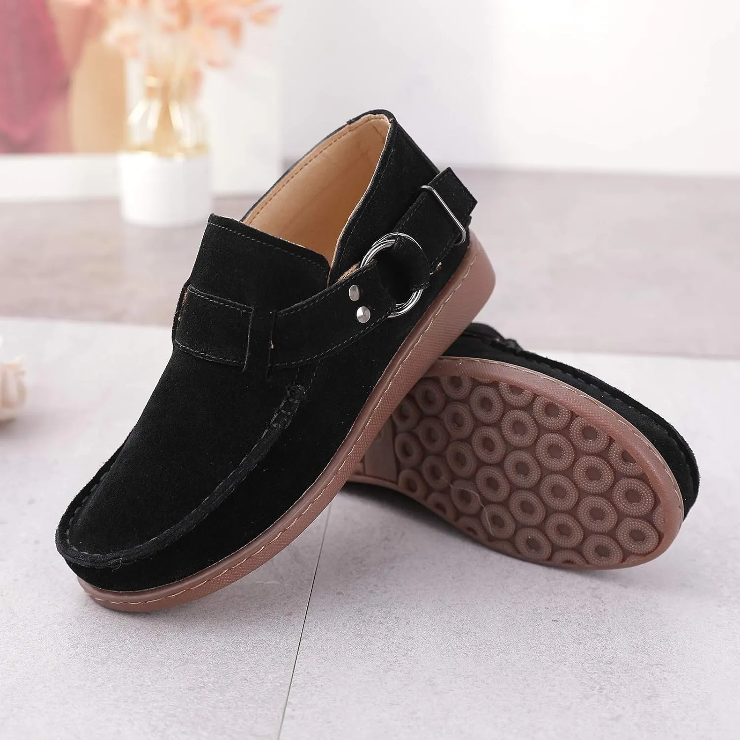 Trsorini Women Walking Shoes Half-Boots Fashion Comfort Suede Slip on Sneaker Casual Shoes for Lady Buckle Strap Adjustable Flat Shoes
