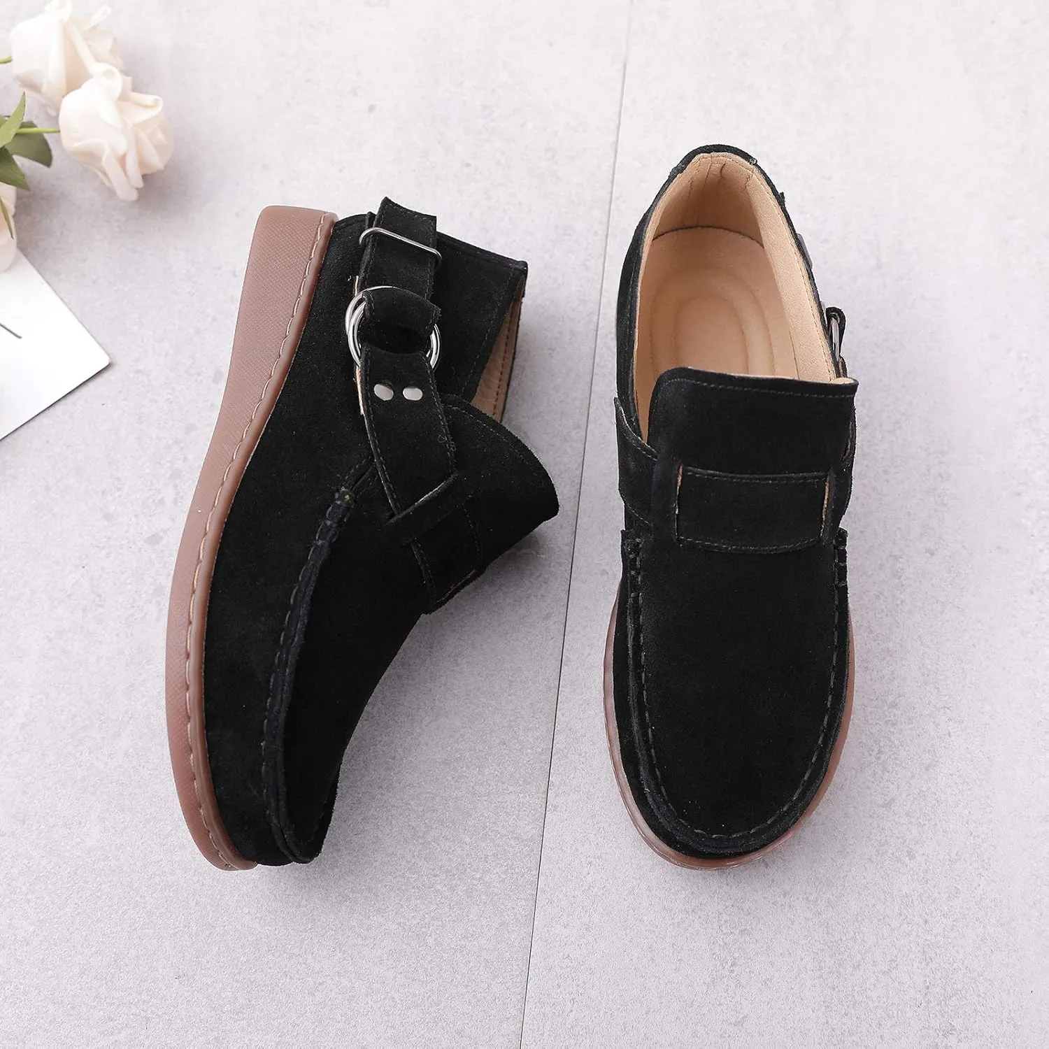 Trsorini Women Walking Shoes Half-Boots Fashion Comfort Suede Slip on Sneaker Casual Shoes for Lady Buckle Strap Adjustable Flat Shoes