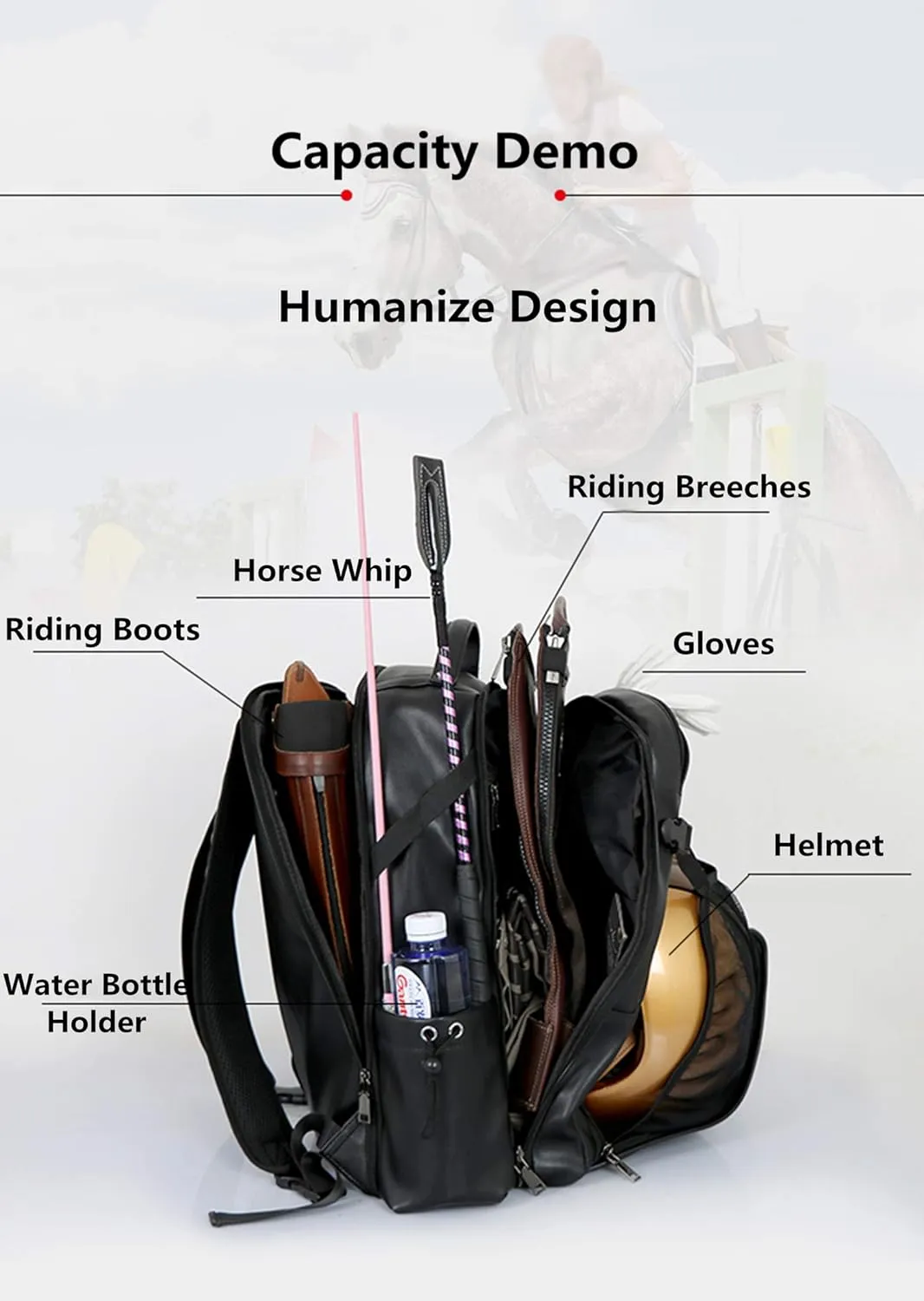 UNISTRENGH Professional Equestrian Backpack with Concealed Mesh Helmet Holder Waterproof Horse Riding Boots Bag (Black(PU))