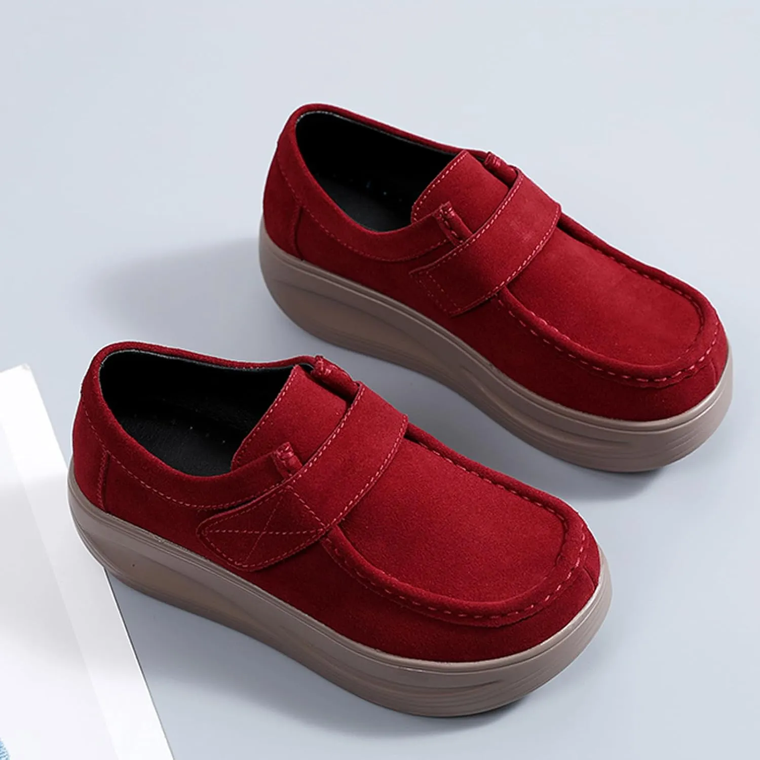 URLECHS Women's Suede Platform Walking Shoes | Adjustable Hook and Loop Rocker Bottom Support | Comfortable Round Toe Non-Slip Sneakers Fashion Casual Shoes for Women