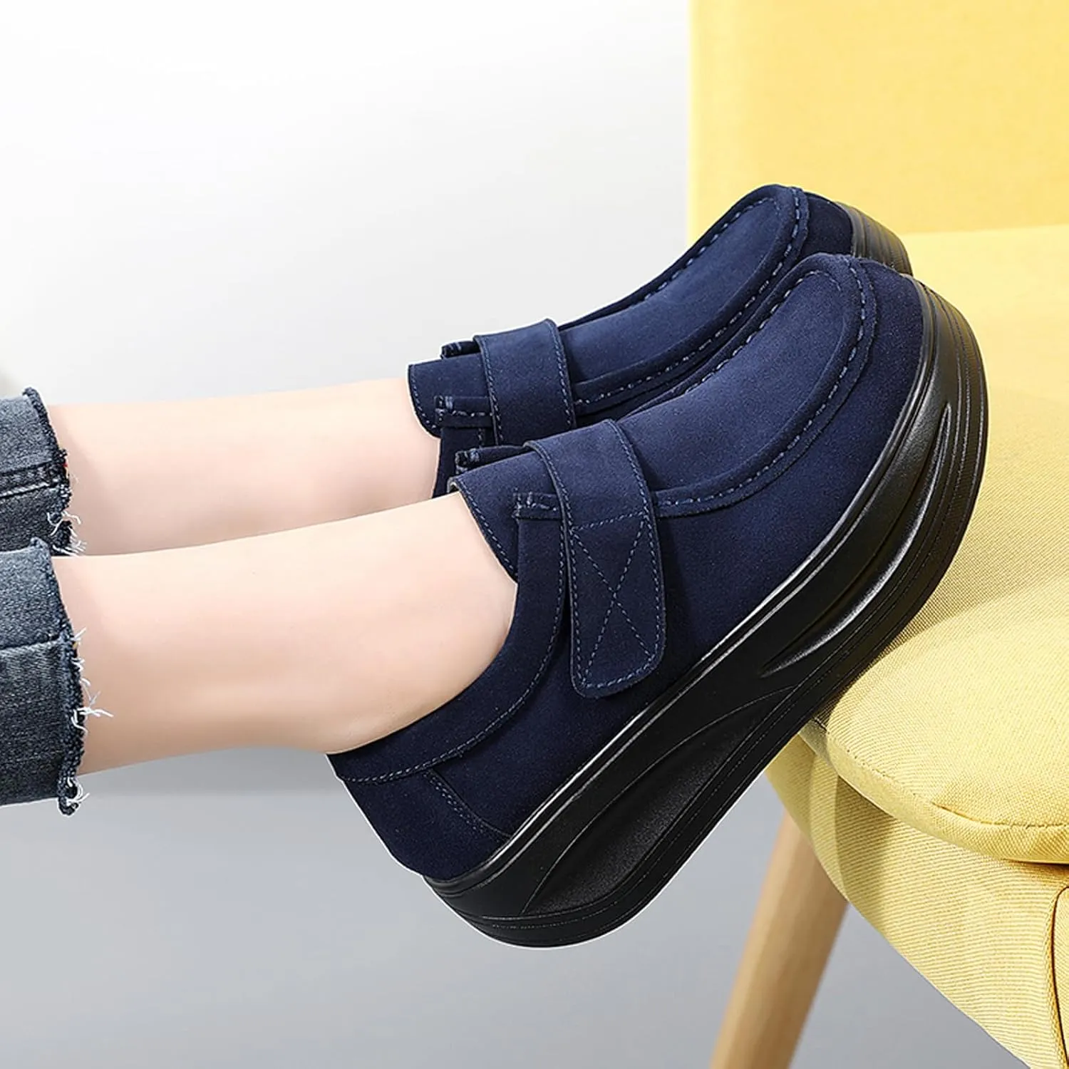 URLECHS Women's Suede Platform Walking Shoes | Adjustable Hook and Loop Rocker Bottom Support | Comfortable Round Toe Non-Slip Sneakers Fashion Casual Shoes for Women