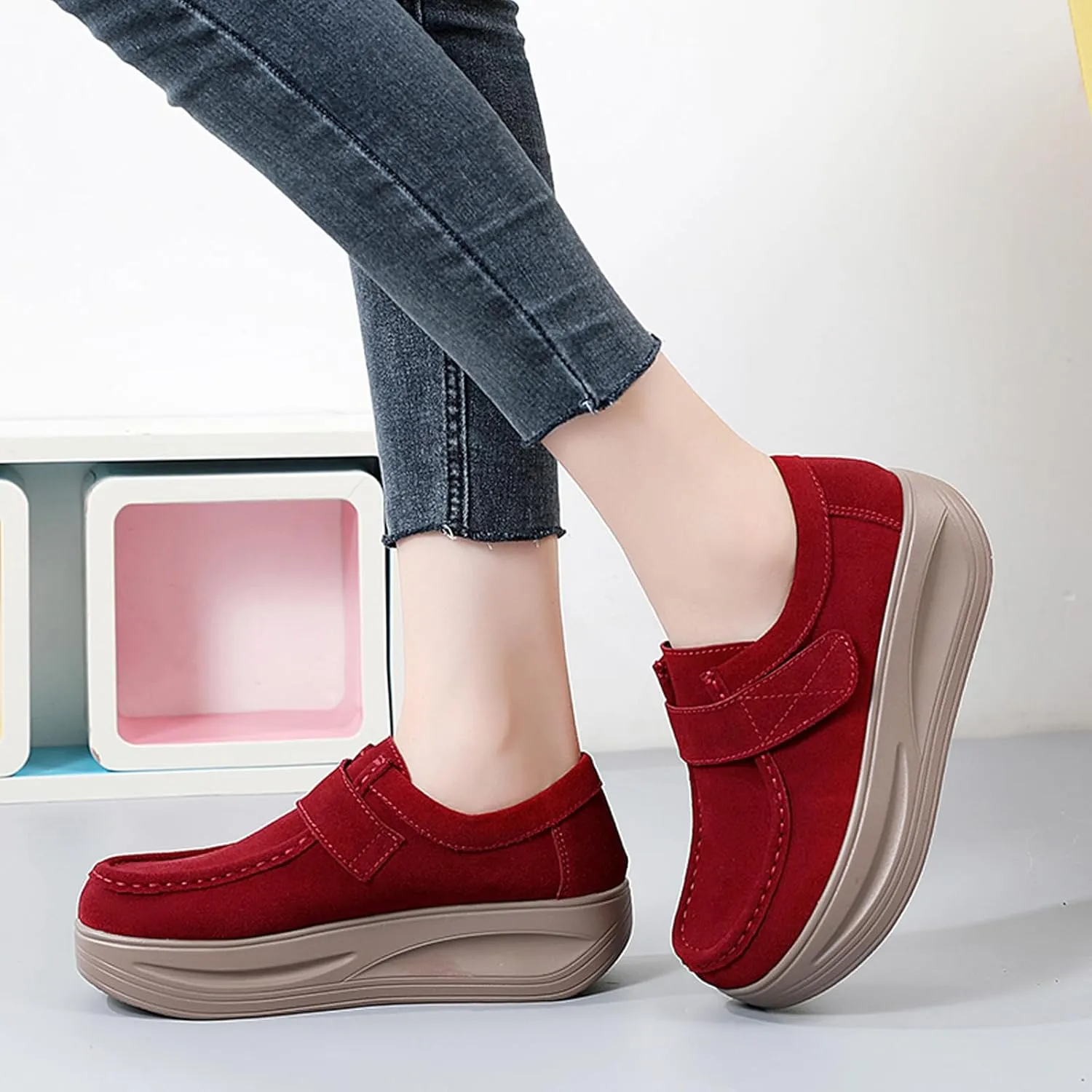 URLECHS Women's Suede Platform Walking Shoes | Adjustable Hook and Loop Rocker Bottom Support | Comfortable Round Toe Non-Slip Sneakers Fashion Casual Shoes for Women