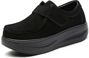 URLECHS Women's Suede Platform Walking Shoes | Adjustable Hook and Loop Rocker Bottom Support | Comfortable Round Toe Non-Slip Sneakers Fashion Casual Shoes for Women