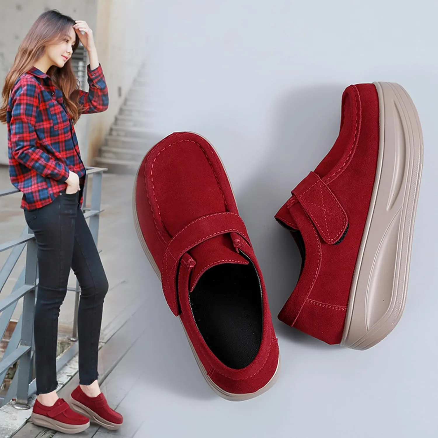 URLECHS Women's Suede Platform Walking Shoes | Adjustable Hook and Loop Rocker Bottom Support | Comfortable Round Toe Non-Slip Sneakers Fashion Casual Shoes for Women