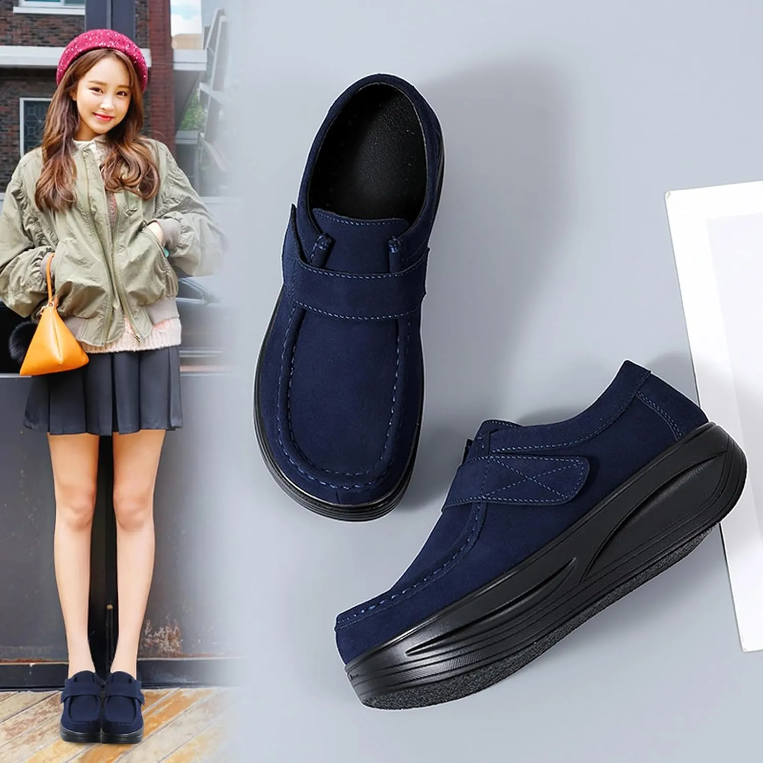 URLECHS Women's Suede Platform Walking Shoes | Adjustable Hook and Loop Rocker Bottom Support | Comfortable Round Toe Non-Slip Sneakers Fashion Casual Shoes for Women