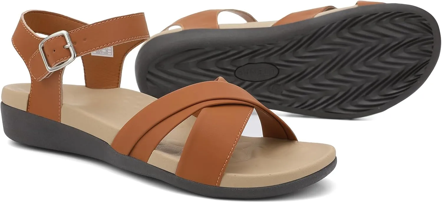 UTENAG Women's Comfortable Walking Flat Sandals Arch Support Ankle Strap Strappy Sandals