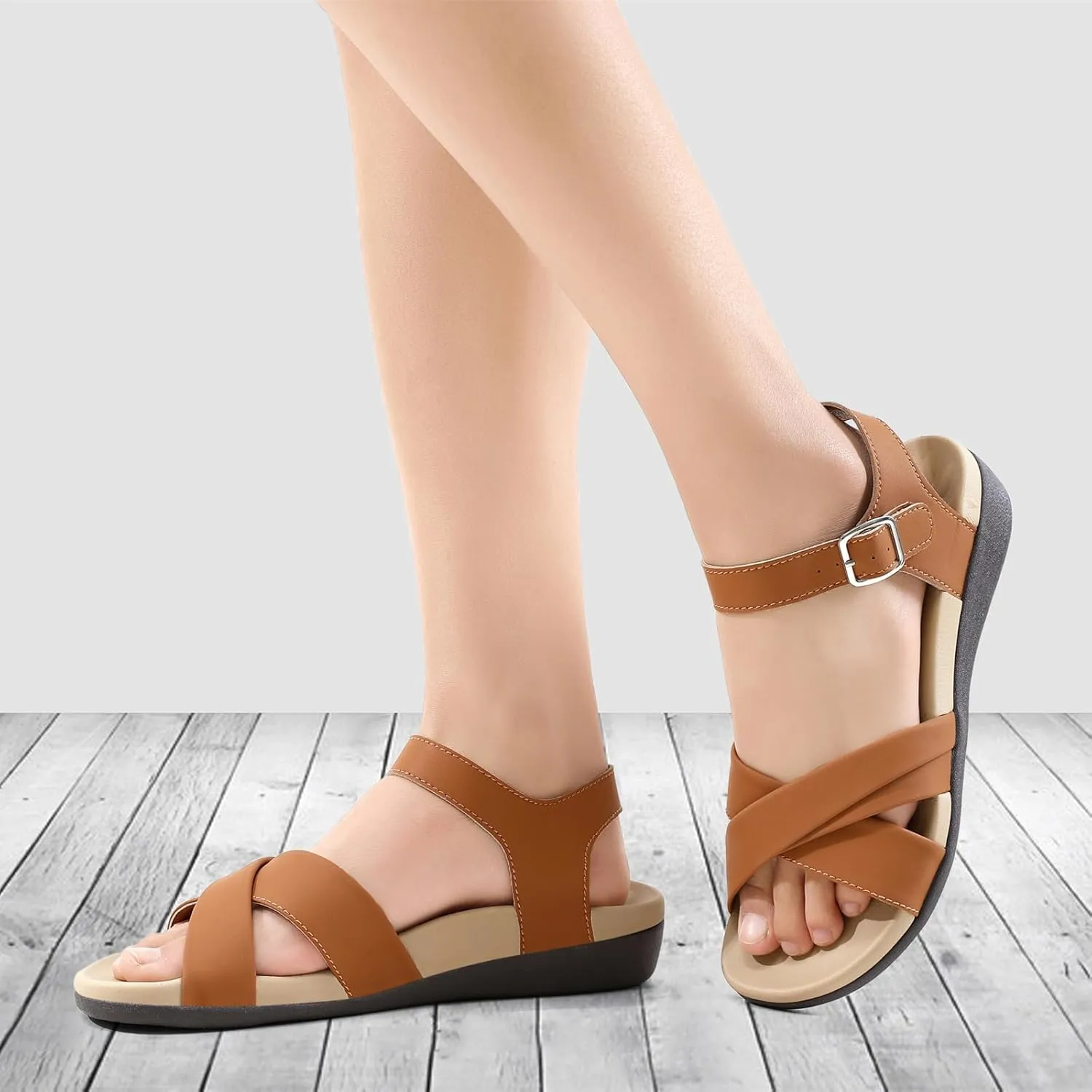 UTENAG Women's Comfortable Walking Flat Sandals Arch Support Ankle Strap Strappy Sandals