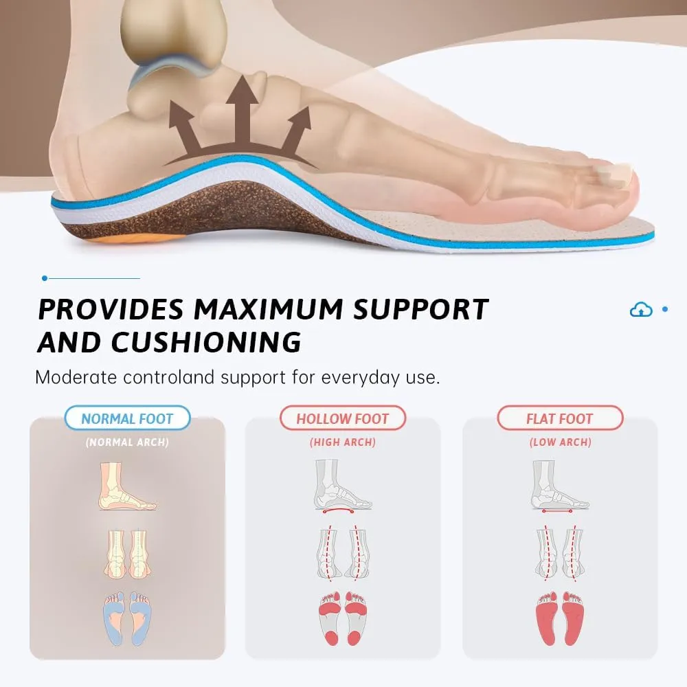 VALSOLE Cork Support Insoles for Men Women,Plantar Fasciitis Arch Support Orthotics Inserts,Relieve Flat Feet,Metatarsalgia,Foot Pain,Standing All Day Boot Work Insole(Beige,Men 4-4.5,Women 6-6.5)
