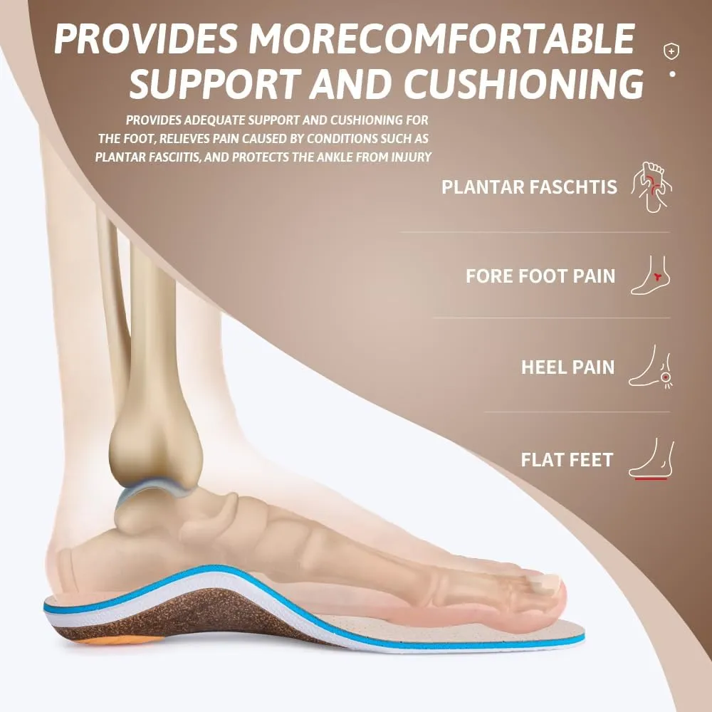 VALSOLE Cork Support Insoles for Men Women,Plantar Fasciitis Arch Support Orthotics Inserts,Relieve Flat Feet,Metatarsalgia,Foot Pain,Standing All Day Boot Work Insole(Beige,Men 4-4.5,Women 6-6.5)