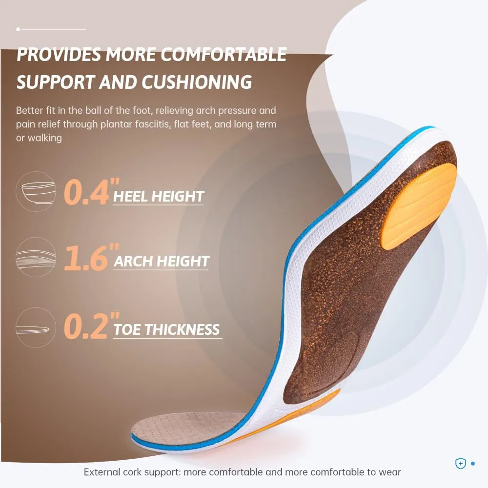 VALSOLE Cork Support Insoles for Men Women,Plantar Fasciitis Arch Support Orthotics Inserts,Relieve Flat Feet,Metatarsalgia,Foot Pain,Standing All Day Boot Work Insole(Beige,Men 4-4.5,Women 6-6.5)