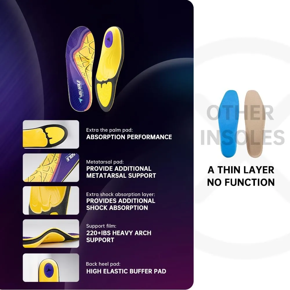 VALSOLE Heavy Duty Support Pain Relief Orthotics - 220  lbs Plantar Fasciitis High Arch Support Insoles for Men Women, Flat Feet Orthotic Insert, Work Boot Shoe Insole, Absorb Shock with Every Step