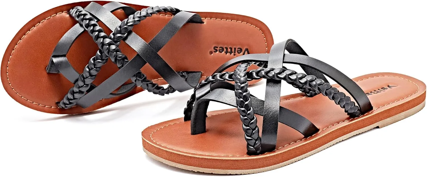 Veittes Women's Flat Sandals - Casual Cute Criss Cross Strappy Flat Summer Shoes.