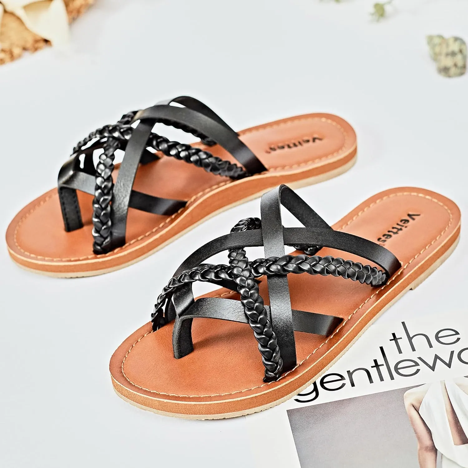 Veittes Women's Flat Sandals - Casual Cute Criss Cross Strappy Flat Summer Shoes.