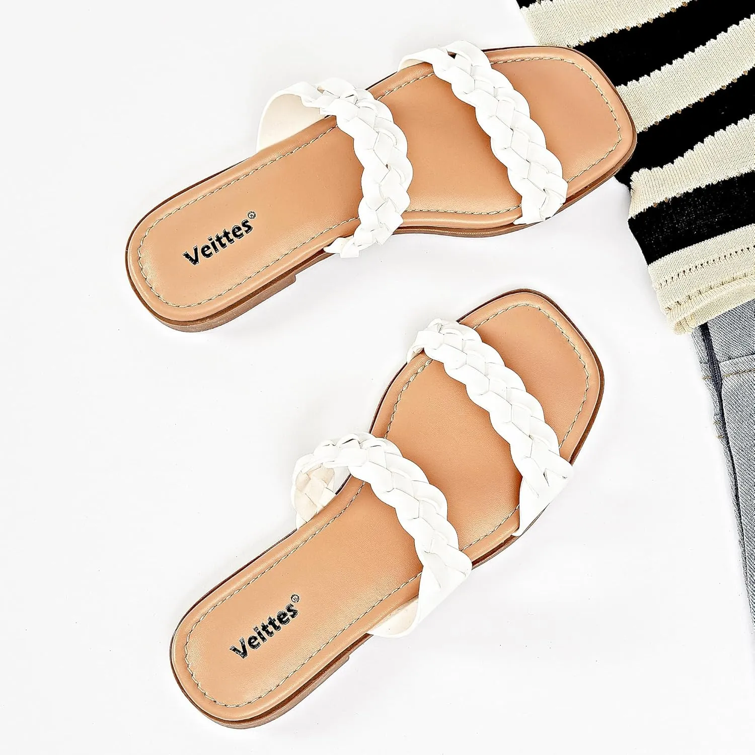 Veittes Women's Flat Slide Sandals - Casual Classic Simple Strappy Slip on Flat Summer Sandals.