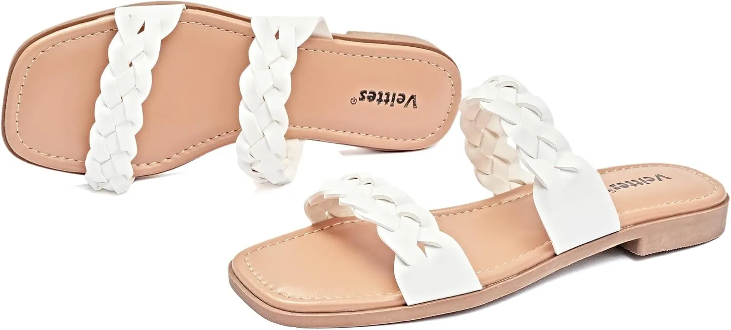 Veittes Women's Flat Slide Sandals - Casual Classic Simple Strappy Slip on Flat Summer Sandals.
