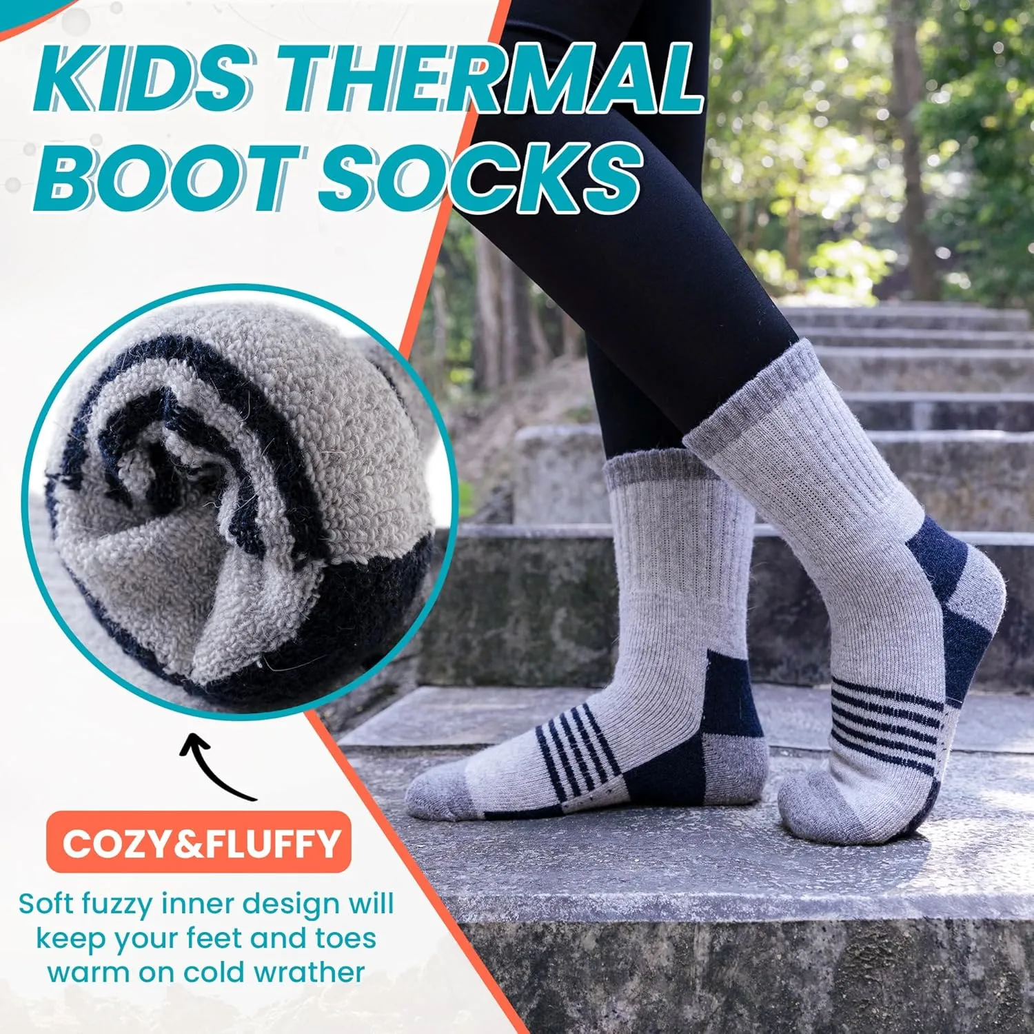 Velice Kids Merino Wool Hiking Socks Toddler Boys Girls Winter Warm Thermal Thick Cushion Crew Boot Socks 6 Pairs
