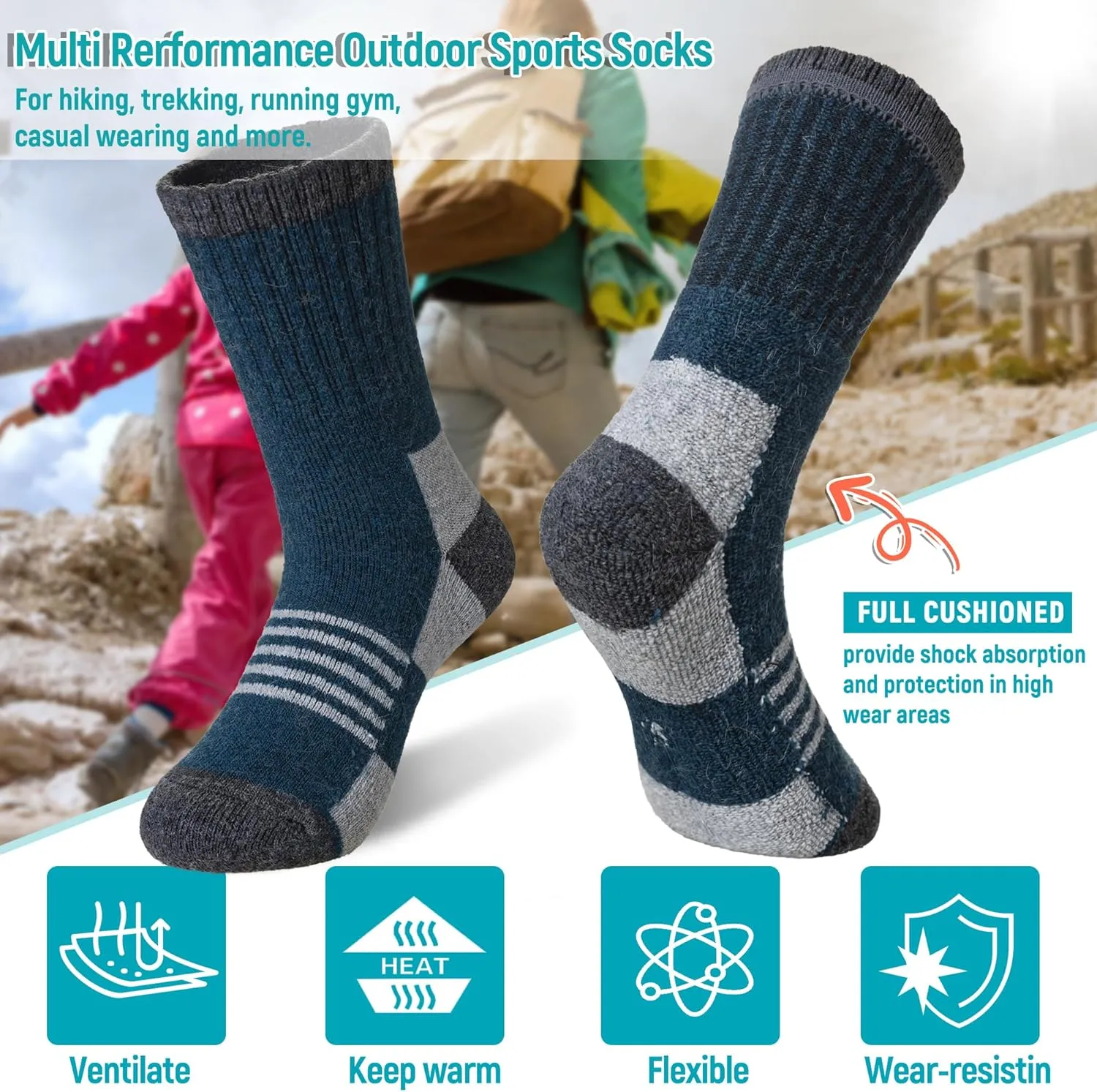 Velice Kids Merino Wool Hiking Socks Toddler Boys Girls Winter Warm Thermal Thick Cushion Crew Boot Socks 6 Pairs