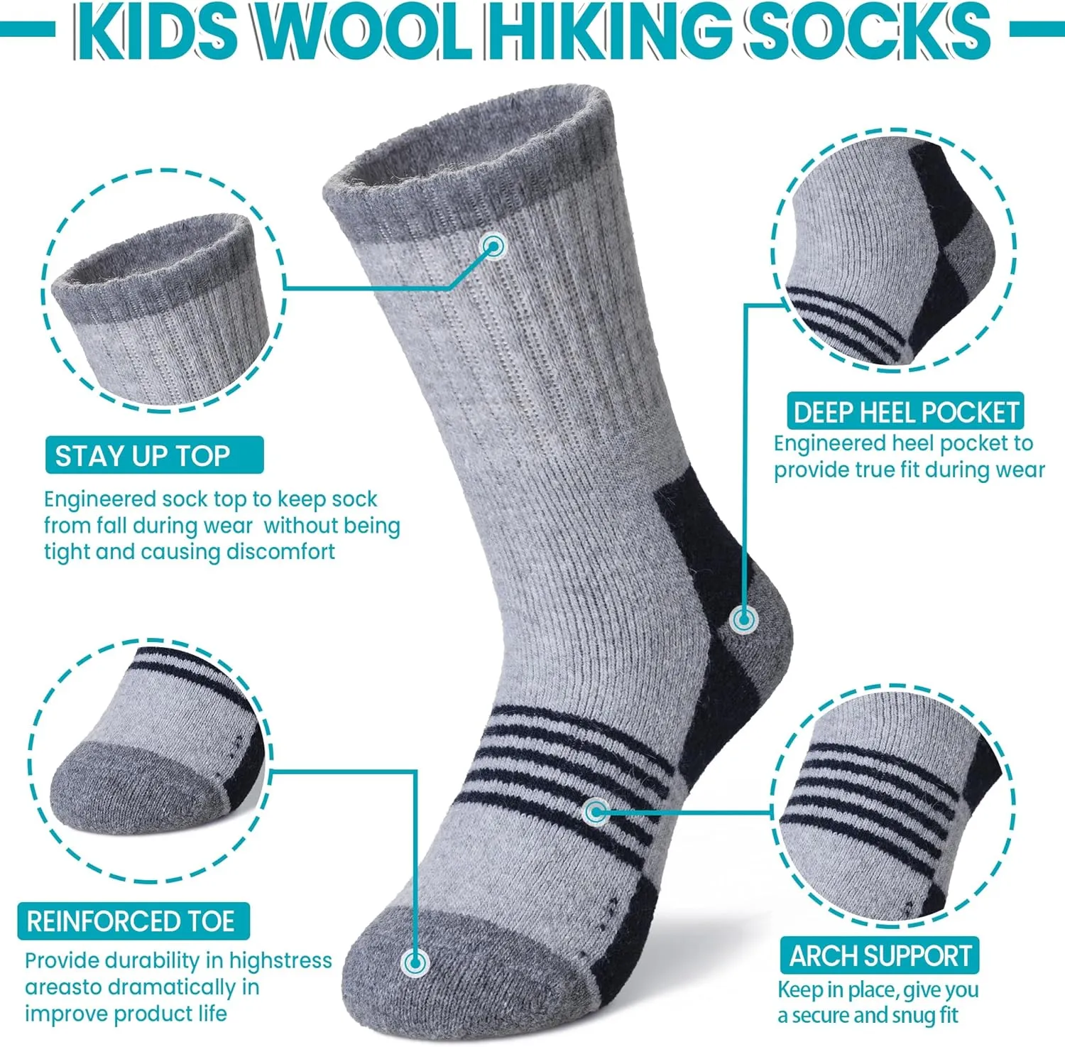 Velice Kids Merino Wool Hiking Socks Toddler Boys Girls Winter Warm Thermal Thick Cushion Crew Boot Socks 6 Pairs