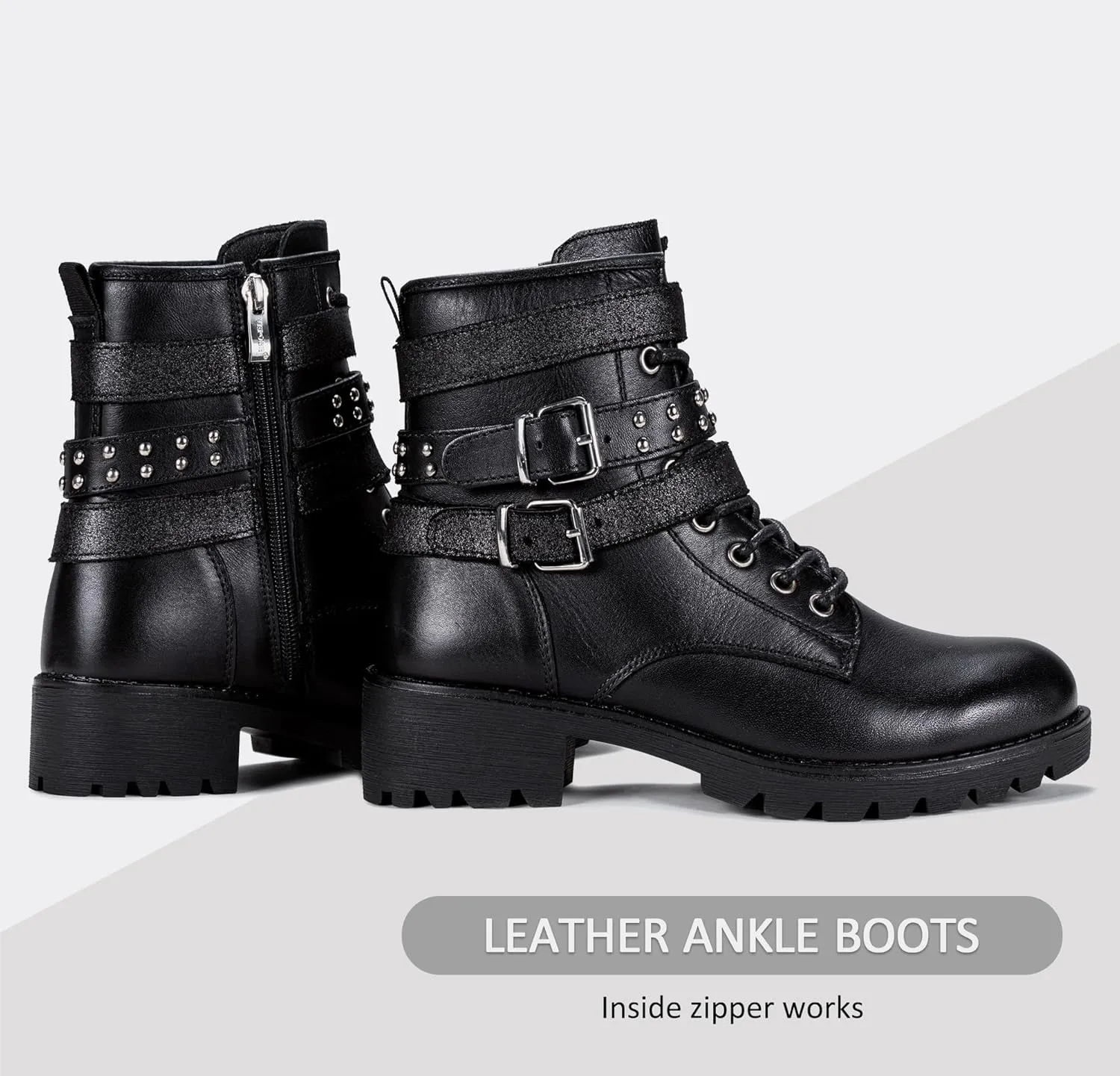 Vepose Women's Ankle Boots, Combat Lace up Booties with Inside Zipper