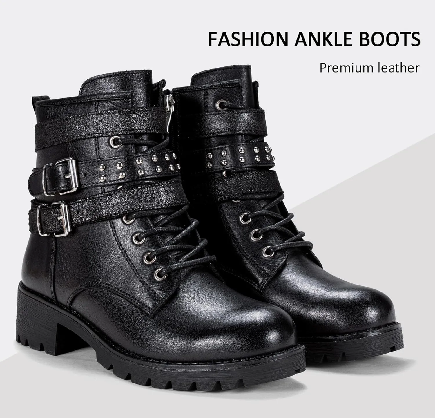 Vepose Women's Ankle Boots, Combat Lace up Booties with Inside Zipper