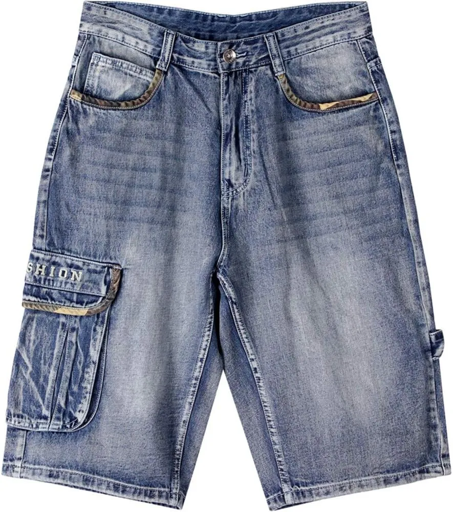 Veroders Men's Summer Shorts Baggy Hip Hop Black Jeans - Casual Straight Short Skateboard Pants Loose Jogging Jeans