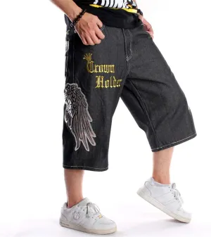 Veroders Men's Summer Shorts Baggy Hip Hop Black Jeans - Casual Straight Short Skateboard Pants Loose Jogging Jeans