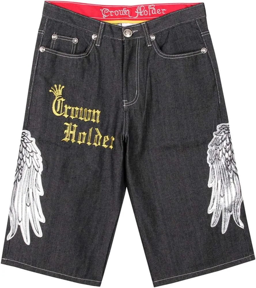 Veroders Men's Summer Shorts Baggy Hip Hop Black Jeans - Casual Straight Short Skateboard Pants Loose Jogging Jeans
