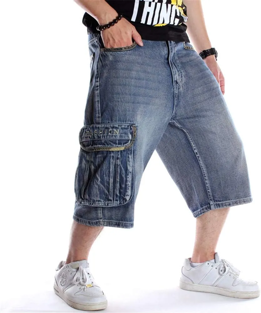 Veroders Men's Summer Shorts Baggy Hip Hop Black Jeans - Casual Straight Short Skateboard Pants Loose Jogging Jeans