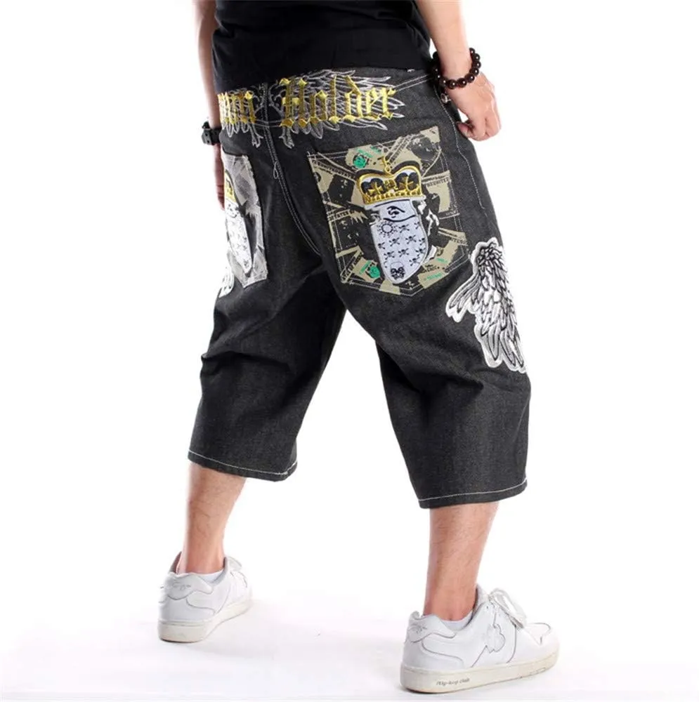 Veroders Men's Summer Shorts Baggy Hip Hop Black Jeans - Casual Straight Short Skateboard Pants Loose Jogging Jeans