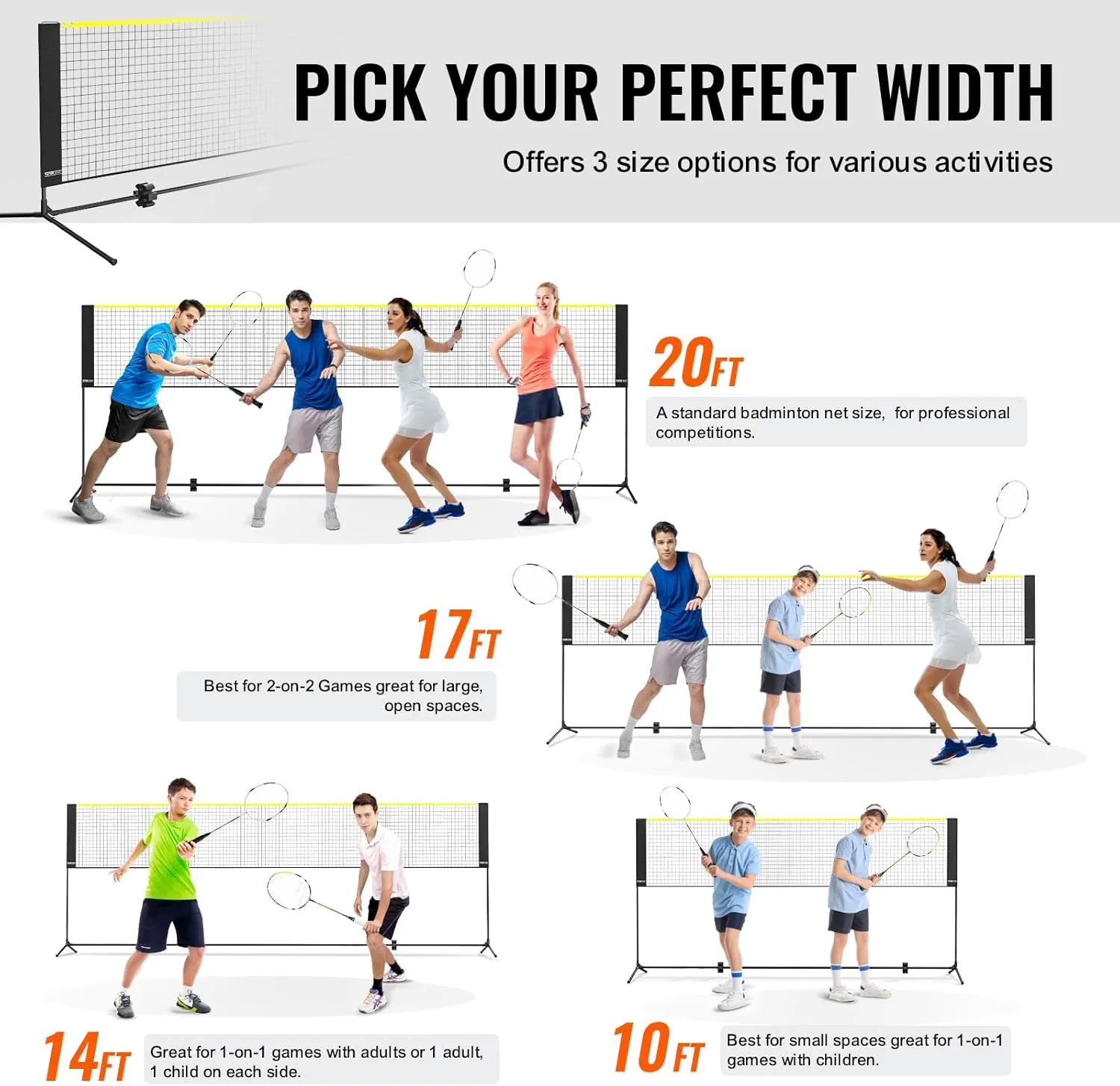 VEVOR Badminton Net, Height Adjustable Volleyball Net, Wide Foldable Pickleball Net, Portable Easy Setup Tennis Net Set with Poles, Stand and Carry Bag, for Kids Backyard Game Indoor Outdoor Use