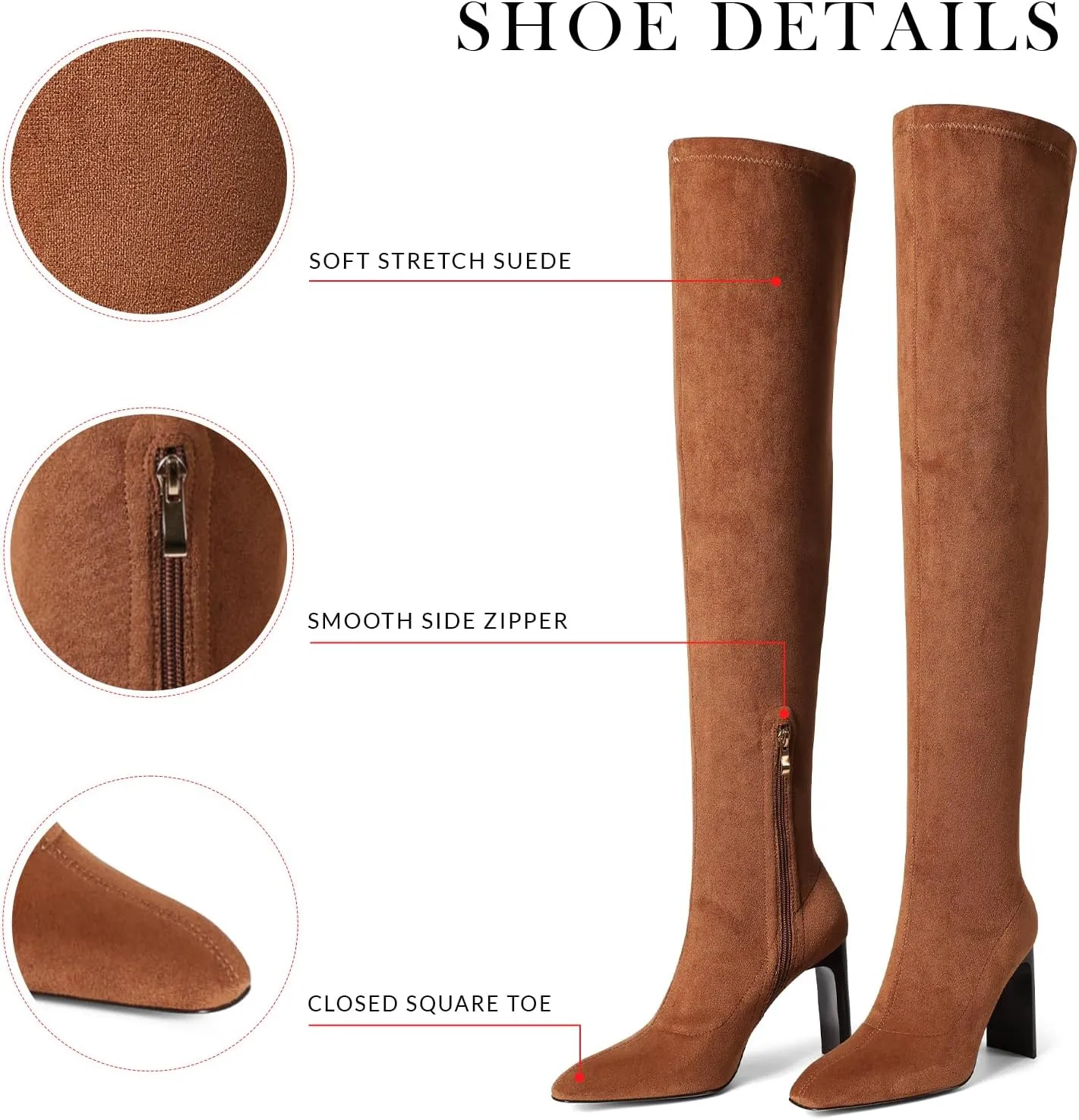 VOMIRA Thigh High Suede Boots - Square Toe, Chunky High Heels, Side Zipper, Stretch, Over the Knee, Long Boots for Women - Black - Fall Winter