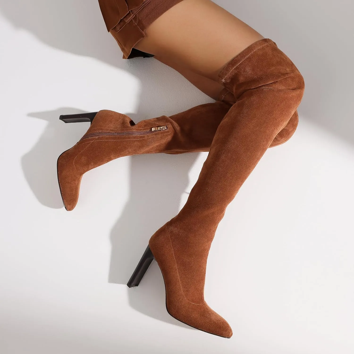 VOMIRA Thigh High Suede Boots - Square Toe, Chunky High Heels, Side Zipper, Stretch, Over the Knee, Long Boots for Women - Black - Fall Winter
