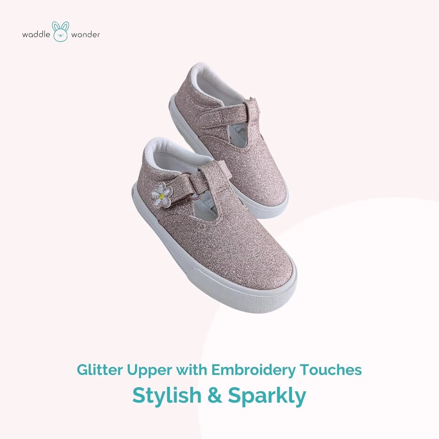 waddle wonder Toddler Glitter Mary Jane Flower Embroidery Low Top Hook Flat Memory Insole Shoes Sneaker