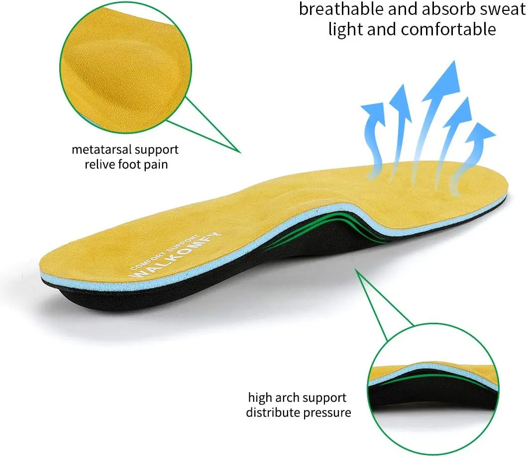 Walkomfy Full Length Orthotic Inserts Arch Support Insole, Insert for Flat Feet,Plantar Fasciitis,Feet Pain,Metatarsal Support Insoles for Men & Women Yellow,9.45"