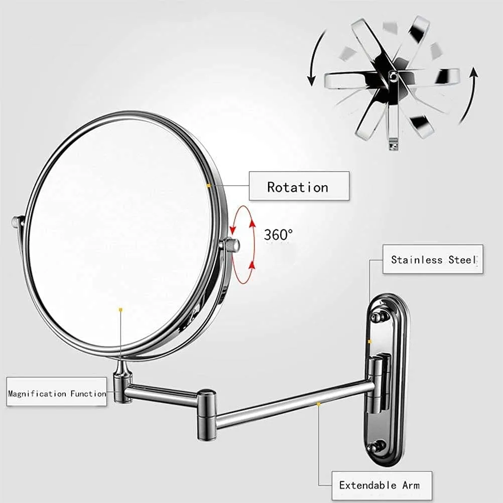 Wall Mounted Makeup Mirror,Double Sided Vanity Magnifying Vanity Mirror,360 Degree Swivel,Extendable Arm,Round,No Light(8in,7X)