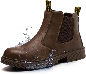 Waterproof Steel Toe Boots For Men-6 Inch Leather Slip On Safety Work Boots Mens Steel Toe Shoes Indestructible Non Slip Resistant Ankle Industrial Construction Boot
