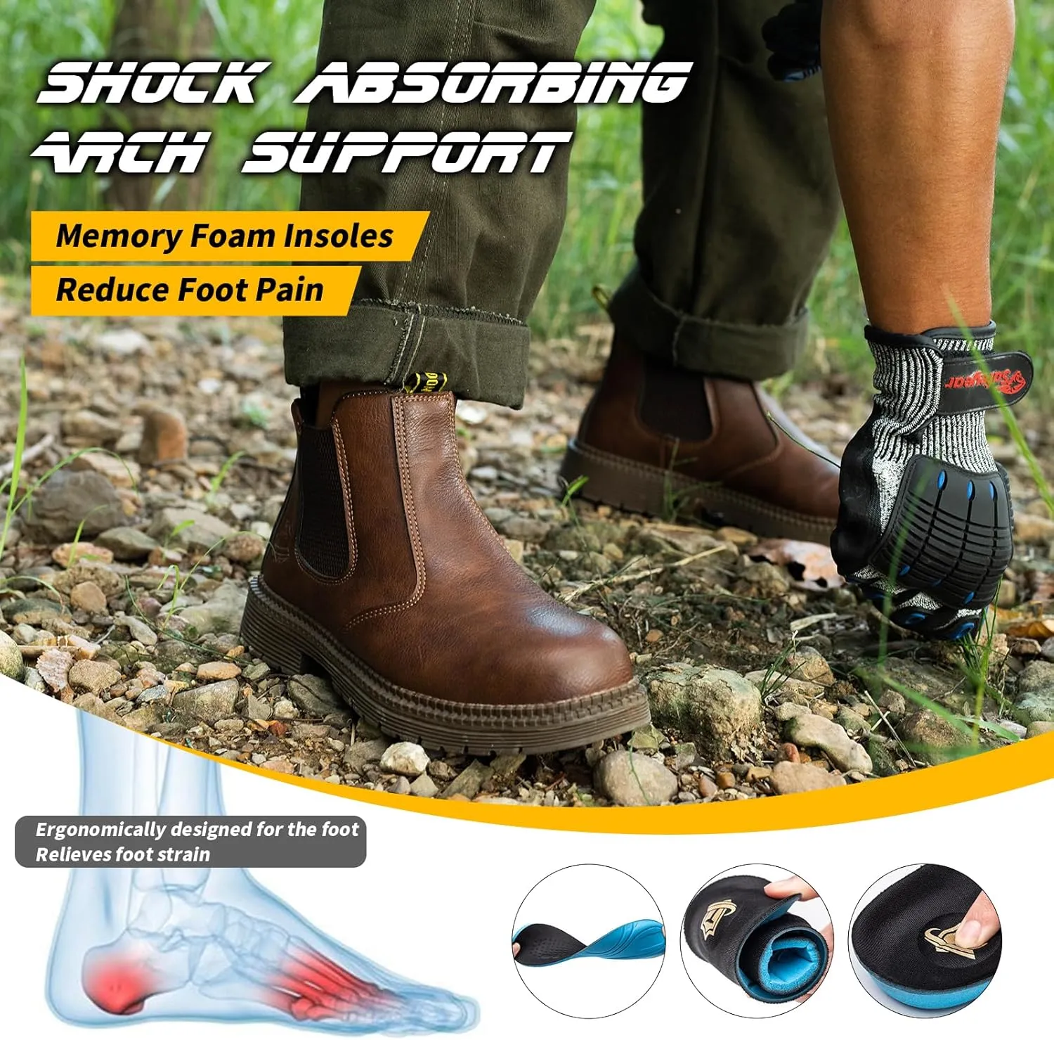 Waterproof Steel Toe Boots For Men-6 Inch Leather Slip On Safety Work Boots Mens Steel Toe Shoes Indestructible Non Slip Resistant Ankle Industrial Construction Boot