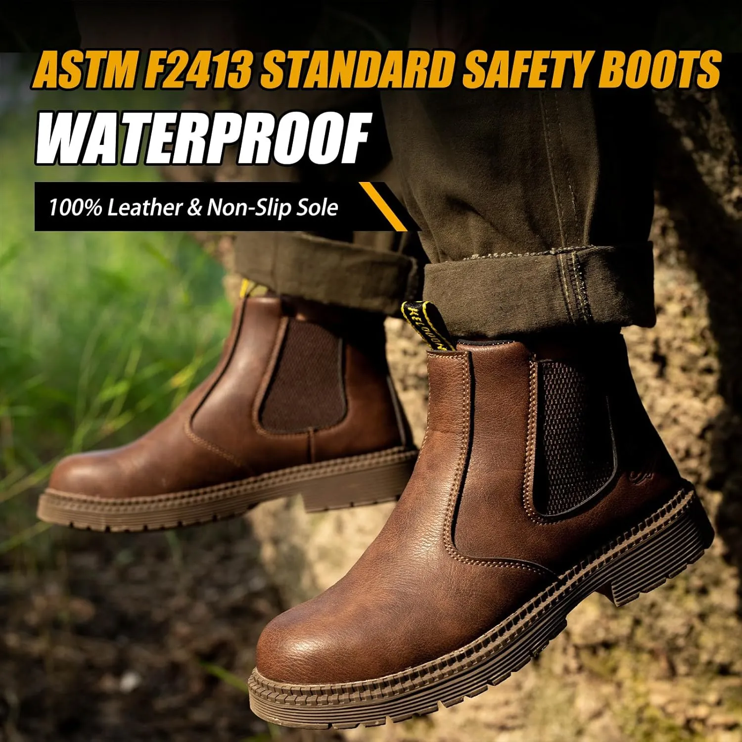 Waterproof Steel Toe Boots For Men-6 Inch Leather Slip On Safety Work Boots Mens Steel Toe Shoes Indestructible Non Slip Resistant Ankle Industrial Construction Boot