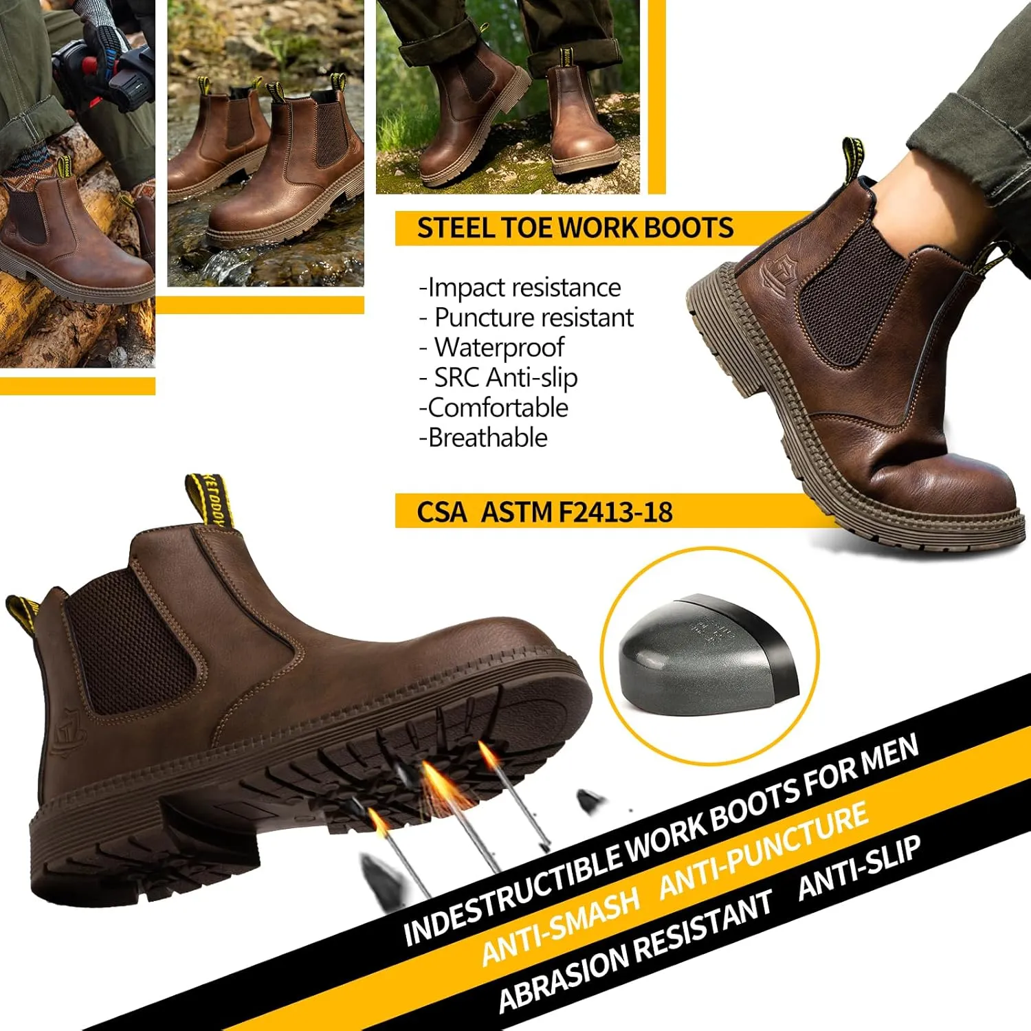 Waterproof Steel Toe Boots For Men-6 Inch Leather Slip On Safety Work Boots Mens Steel Toe Shoes Indestructible Non Slip Resistant Ankle Industrial Construction Boot