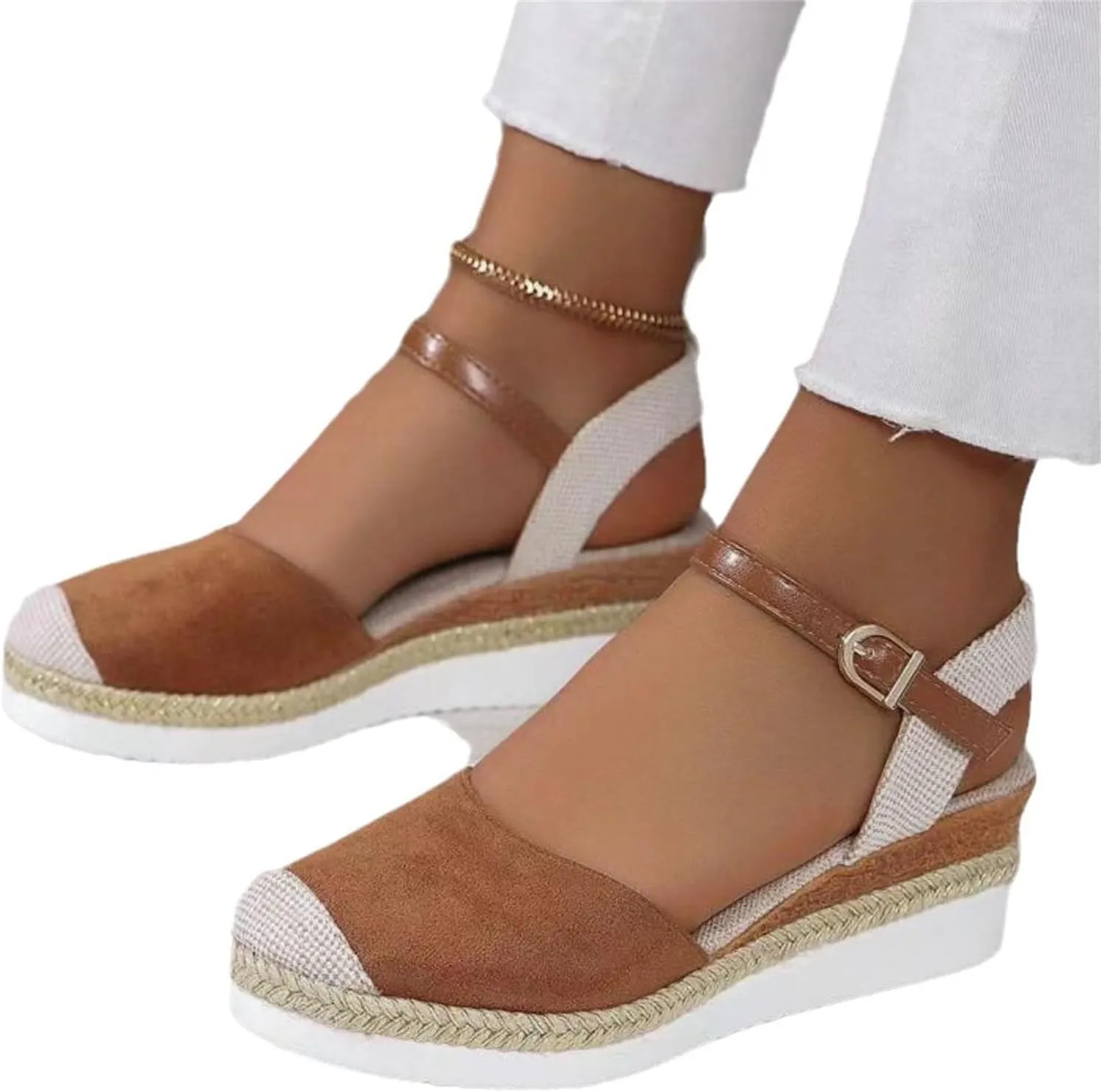 Wedge Sandals for Womens Fashion Arch Support Sandals Elegant Orthopedic Sandal Closed Toe Buckle Ankle Strap Espadrilles Flatform Wedge Casual Shoes Bohemia Beach Shoes