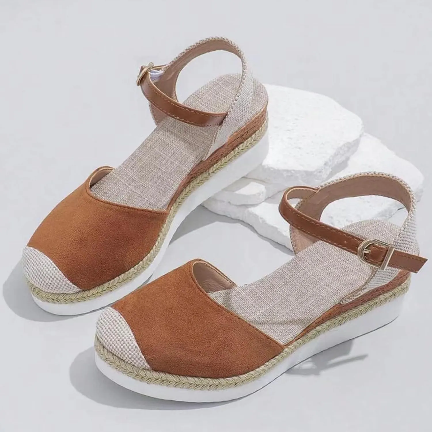 Wedge Sandals for Womens Fashion Arch Support Sandals Elegant Orthopedic Sandal Closed Toe Buckle Ankle Strap Espadrilles Flatform Wedge Casual Shoes Bohemia Beach Shoes