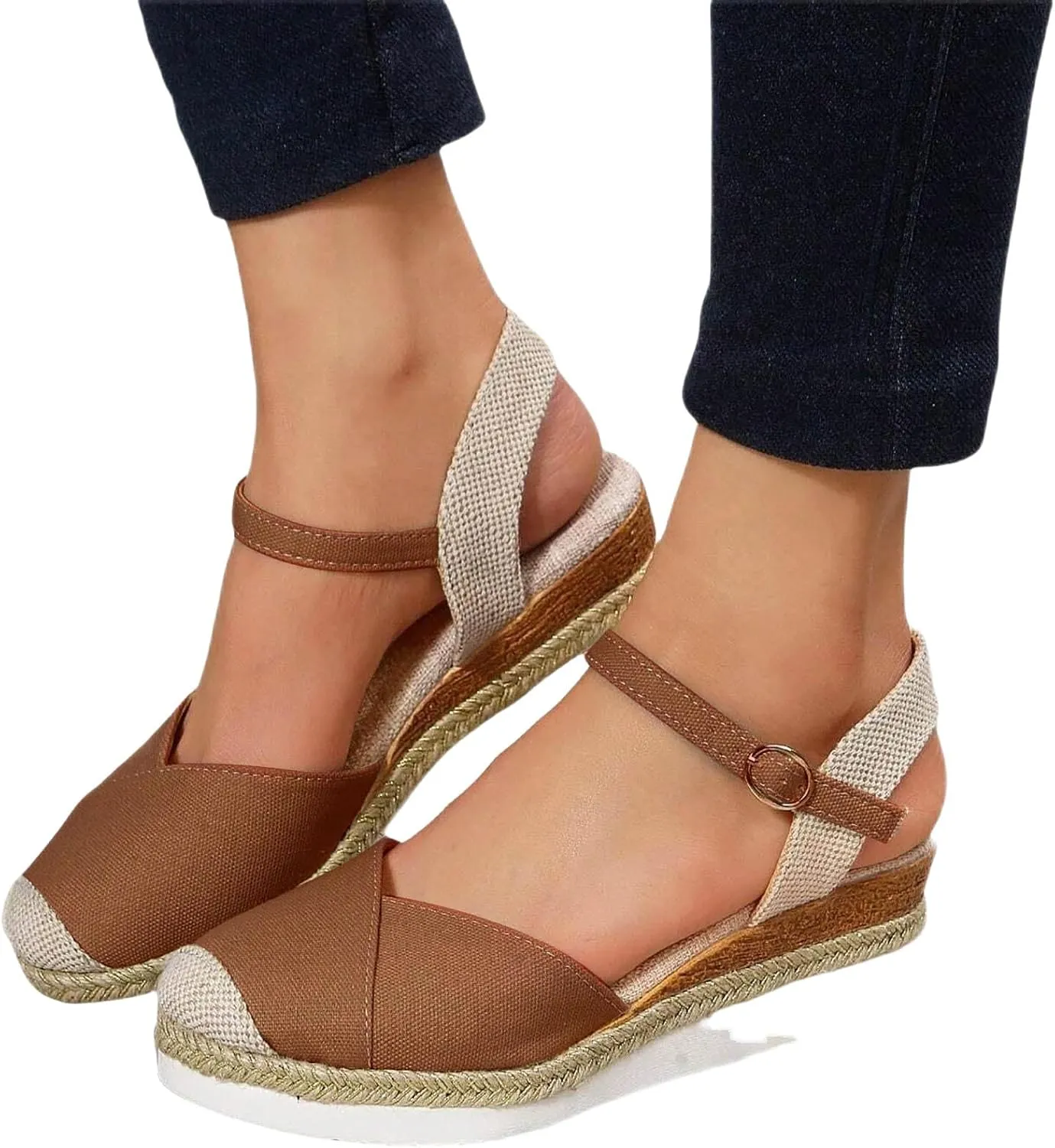 Wedge Sandals for Womens Fashion Arch Support Sandals Elegant Orthopedic Sandal Closed Toe Buckle Ankle Strap Espadrilles Flatform Wedge Casual Shoes Bohemia Beach Shoes