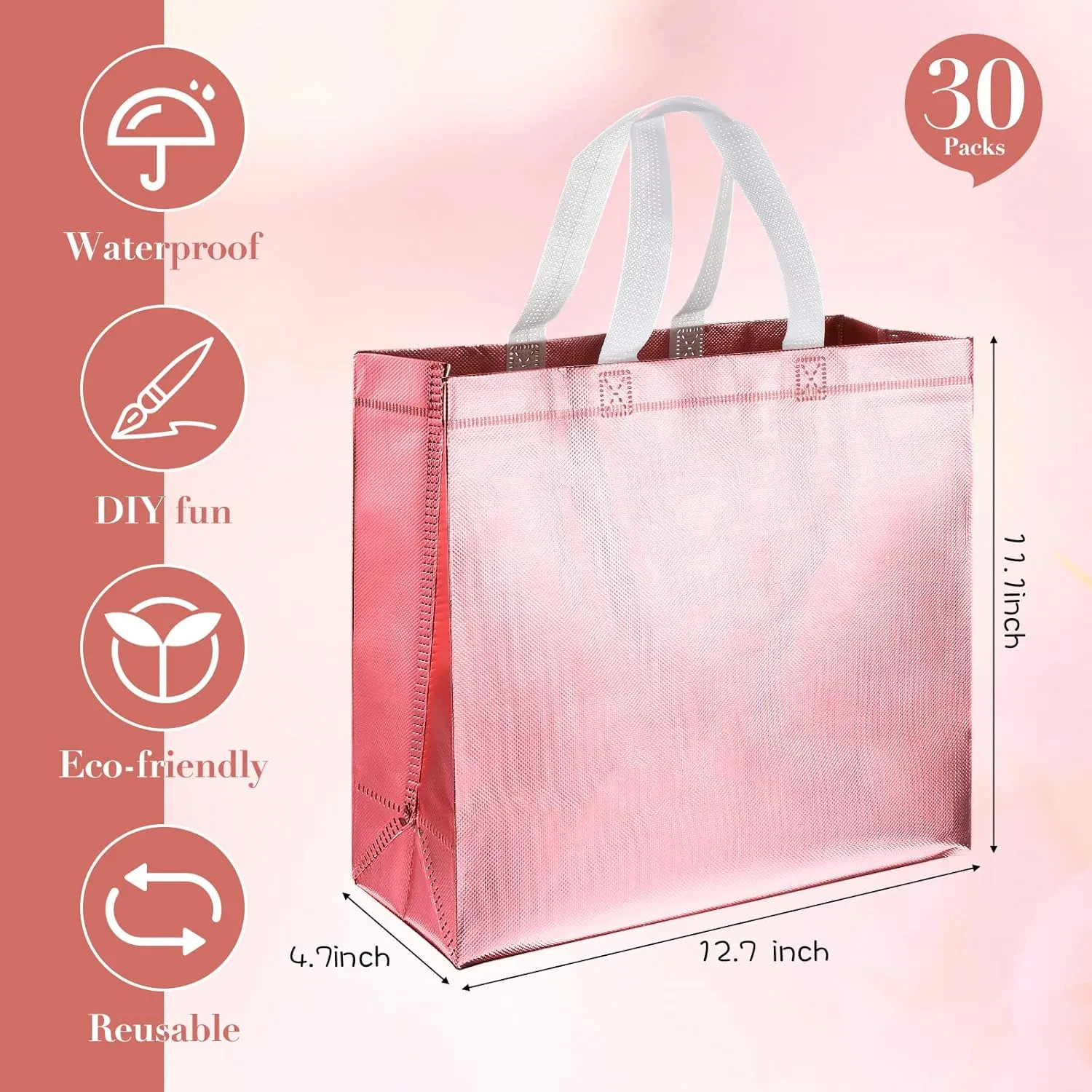 Weewooday 30 Pieces Glossy Reusable Grocery Bag Gift Bags with Handles for Wedding (Rose Gold,12.6 x 4.72 x 11.02 Inch)