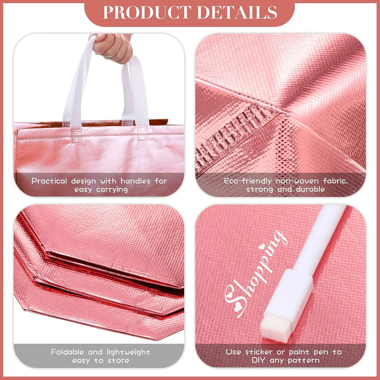 Weewooday 30 Pieces Glossy Reusable Grocery Bag Gift Bags with Handles for Wedding (Rose Gold,12.6 x 4.72 x 11.02 Inch)