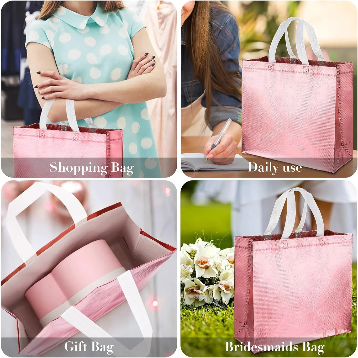 Weewooday 30 Pieces Glossy Reusable Grocery Bag Gift Bags with Handles for Wedding (Rose Gold,12.6 x 4.72 x 11.02 Inch)
