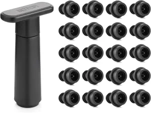 Wine Saver Vacuum Pump with 20 Stoppers, Wine Stopper & Preserver, Reusable Bottle Sealer Keeps Fresh, Ideal Accessories Gift (Flat Handle)