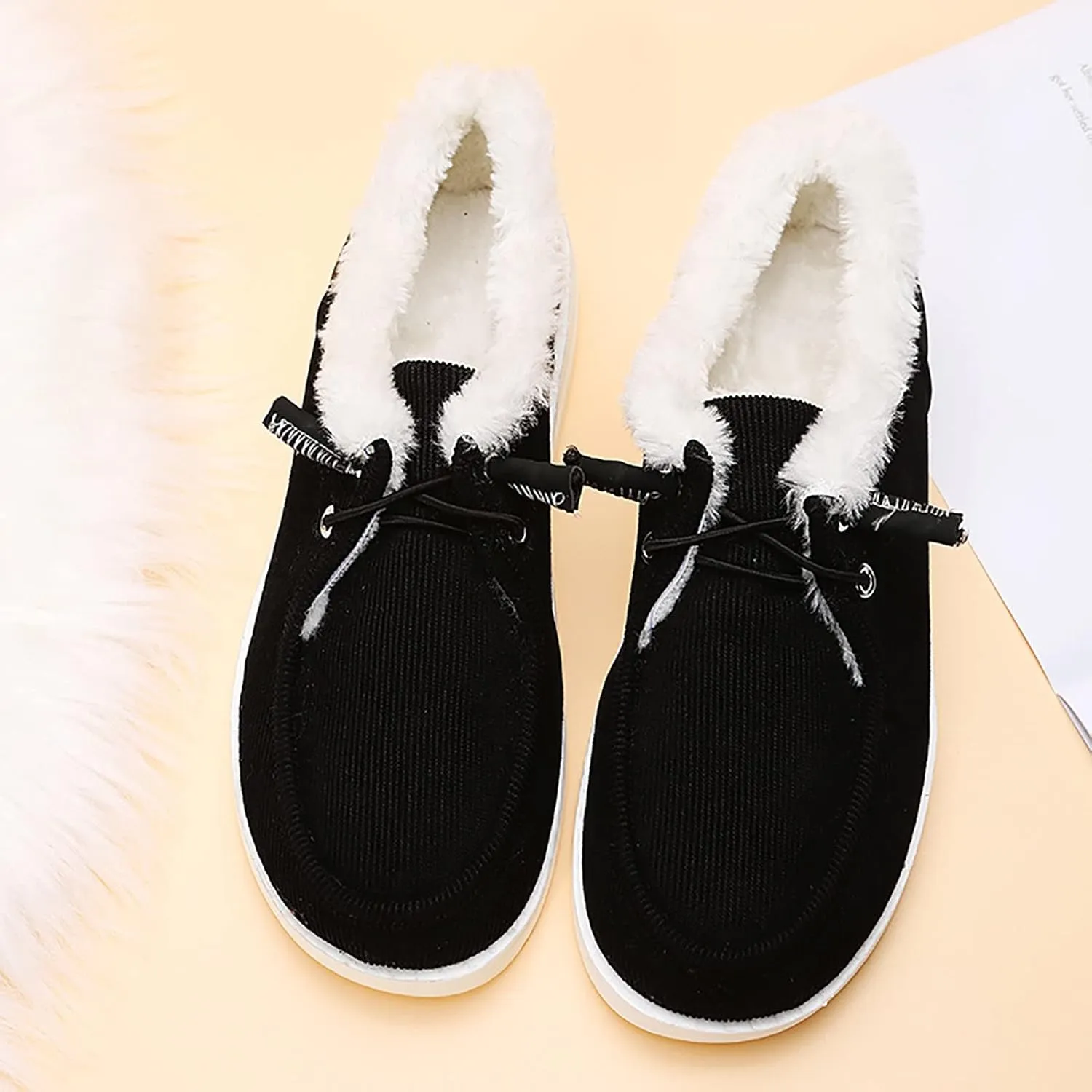 Winter Fur Lined Loafers for Womens Casual Canvas Slip on Soft Lightweight Flats Comfort Elastic Lace up Low Top Boat Shoes