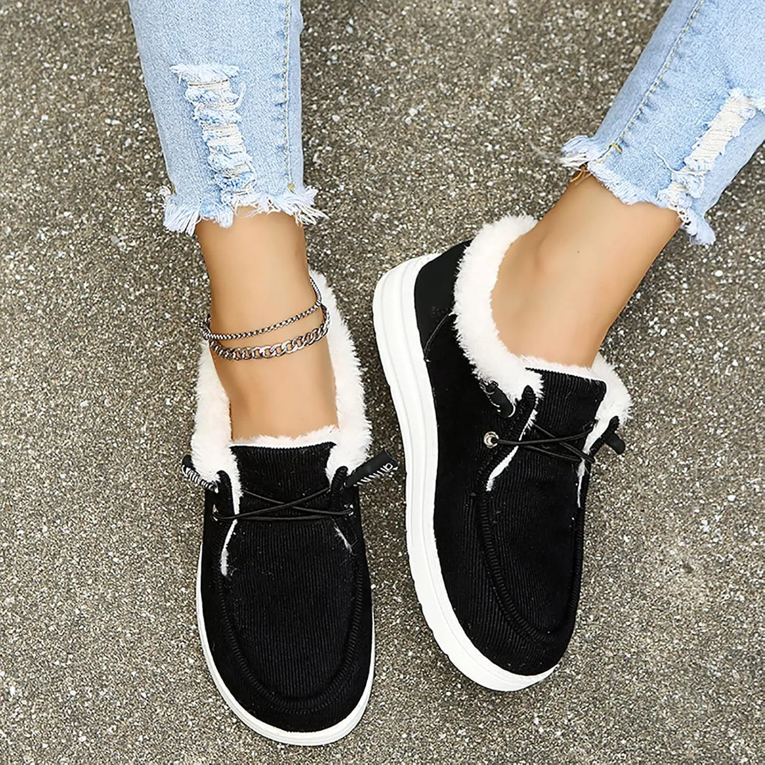 Winter Fur Lined Loafers for Womens Casual Canvas Slip on Soft Lightweight Flats Comfort Elastic Lace up Low Top Boat Shoes